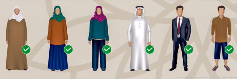 Illustrated dress code poster showing men and women in modest, ankle-length clothing, including a man in a white kandura, each marked with green check icons to indicate approved attire for mosque visitors.
