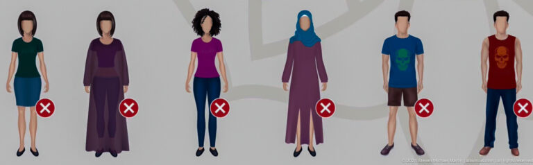 Illustrated dress-code sign showing women in short or tight clothing, including one with a headscarf and fitted trousers, each marked with red X symbols as not permitted for mosque visitors.