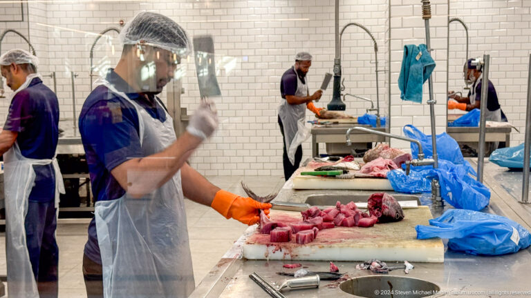 Worker in orange gloves and apron cuts and washes fish at a stainless steel workstation in Souq Al Mina.