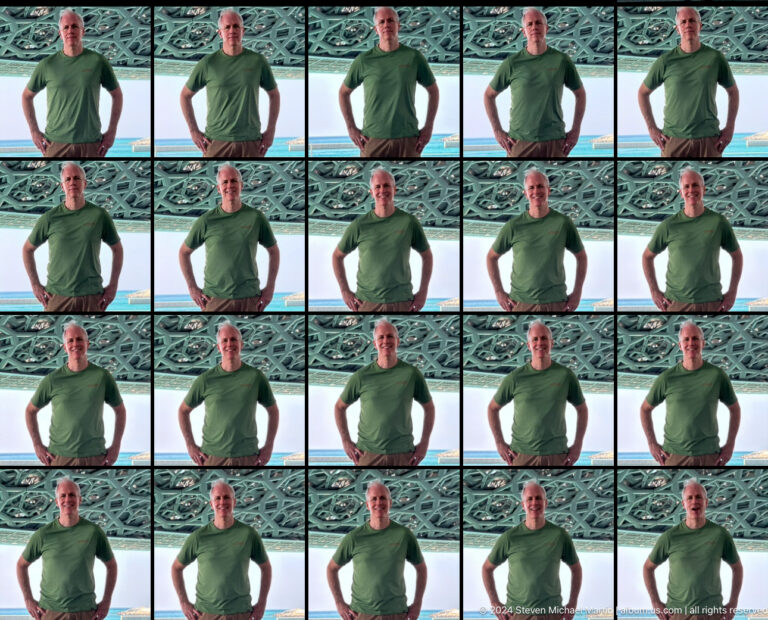 Grid of repeated portraits of a man in a green shirt.