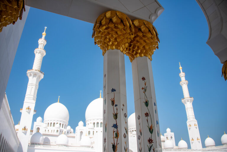 Floral-inlaid column with gold capital framing white domes and minarets.