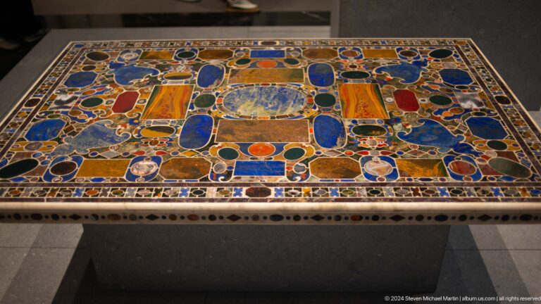 Rectangular jewel-like inlaid panel at Louvre Abu Dhabi.