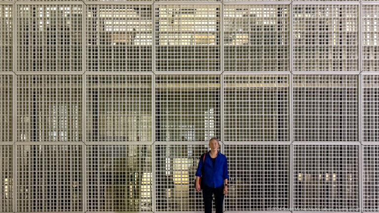 Visitor standing before gridded metal façade at Louvre Abu Dhabi.