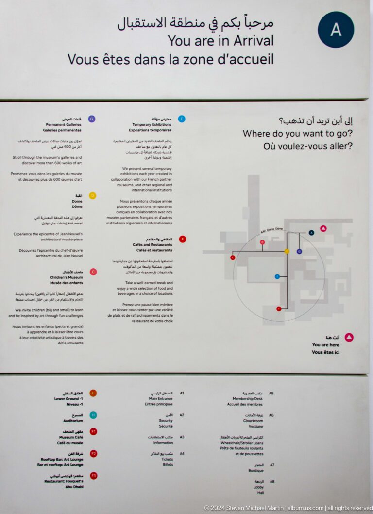 Bilingual visitor map and orientation panel at Louvre Abu Dhabi.