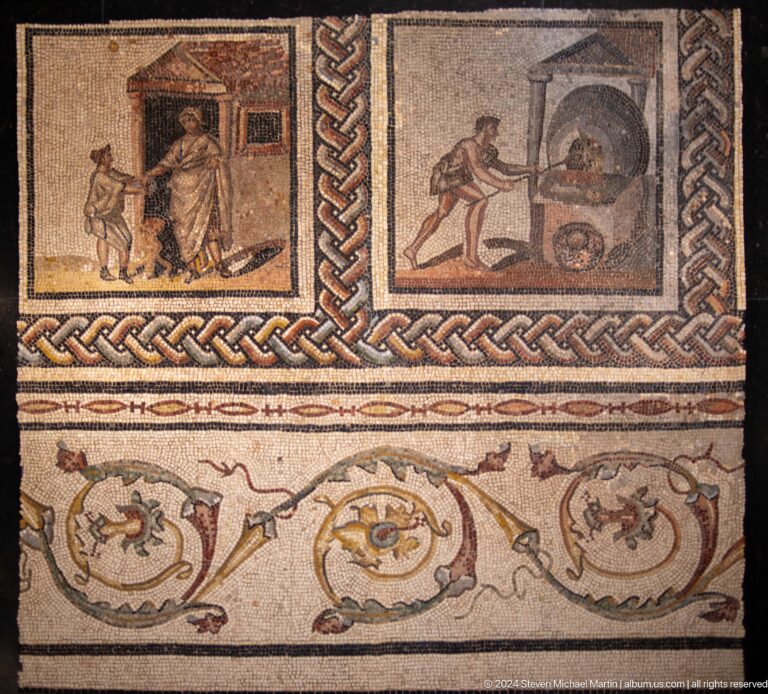 Roman mosaic panel with animals and geometric border at Louvre Abu Dhabi.