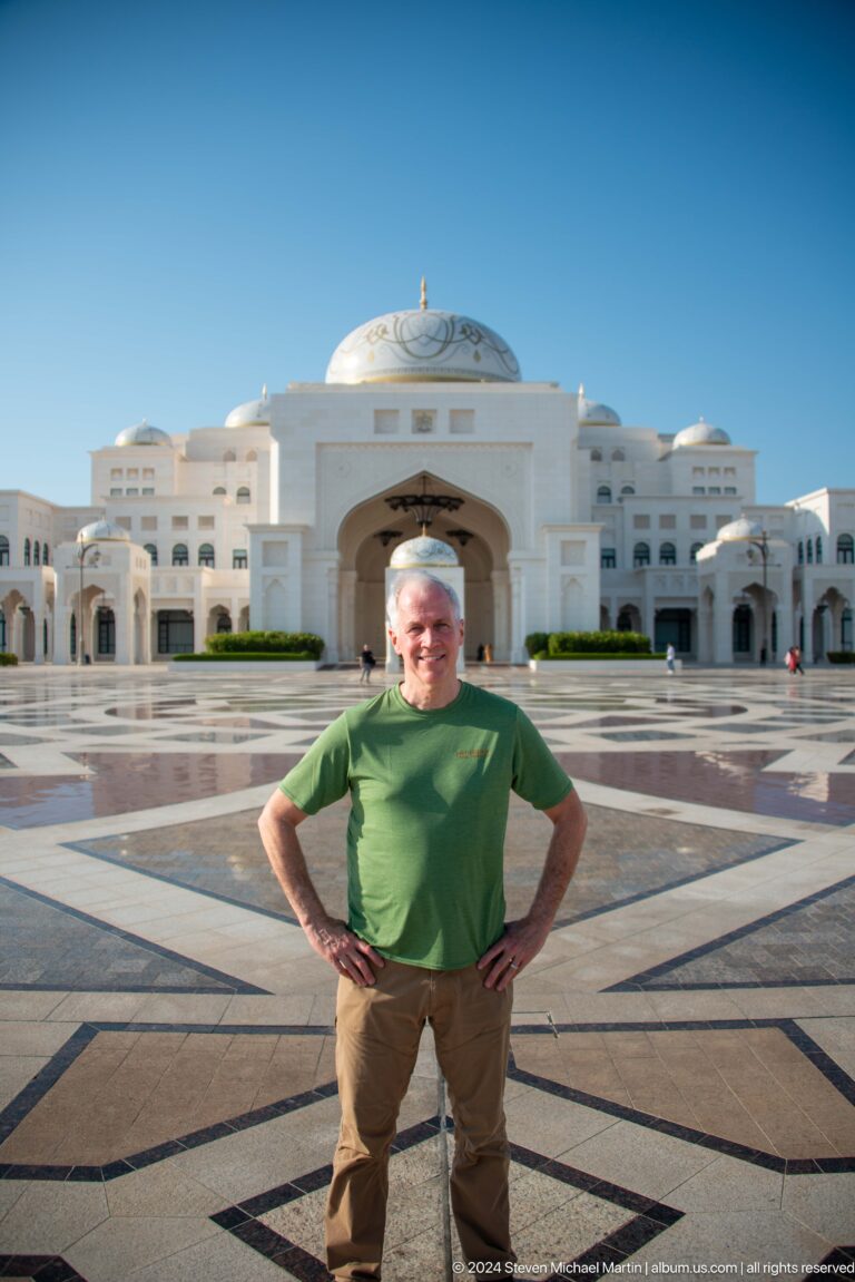 Closer visitor portrait before palace entrance.