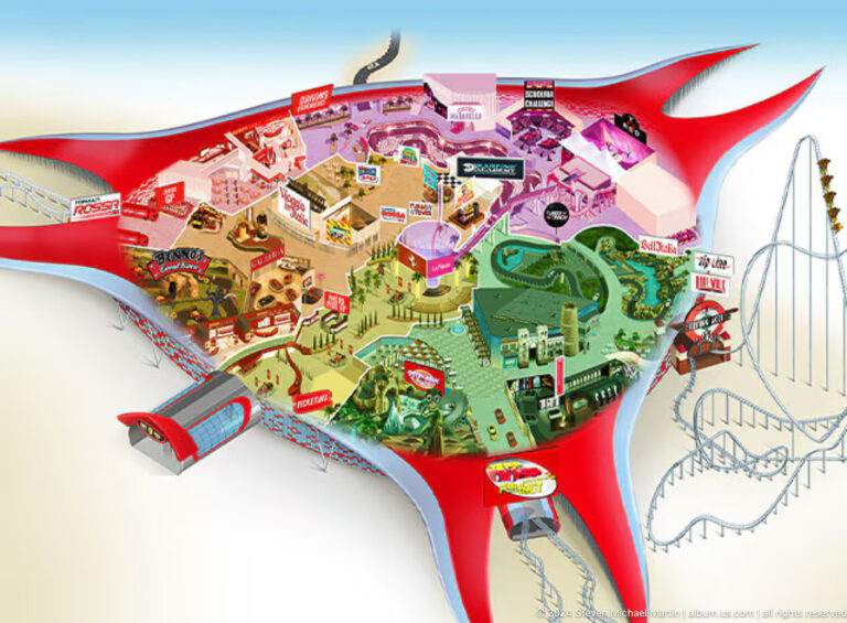 Printed tourist map with a bird’s-eye illustrated layout of a Dubai attraction, showing stylized buildings, paths, and numbered points of interest.