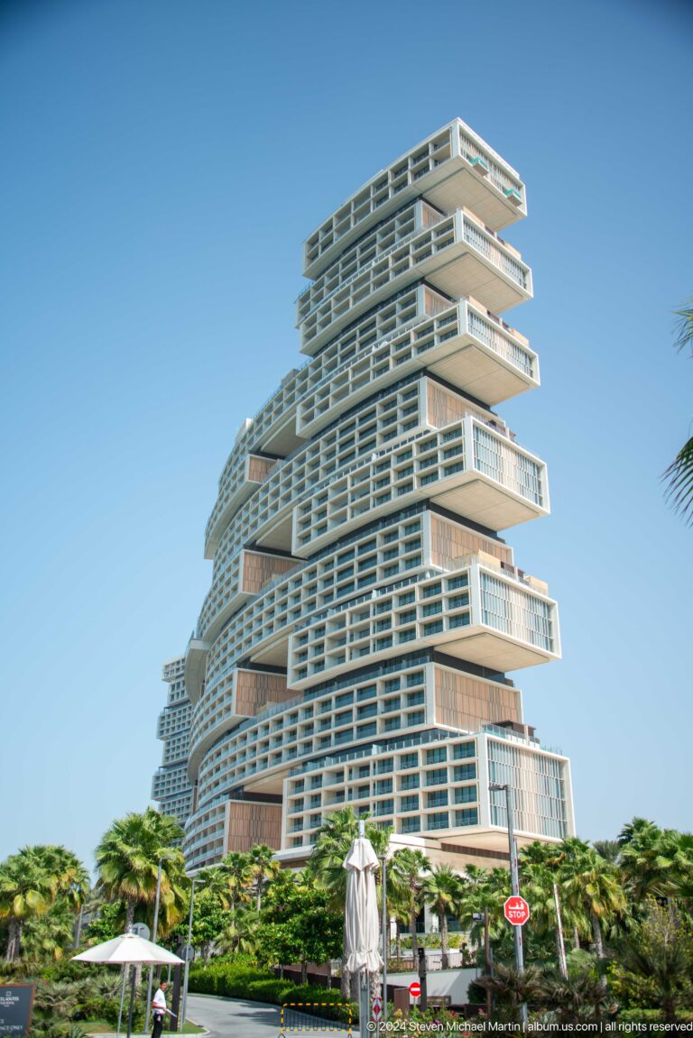 Low-angle view of Atlantis The Royal's stacked, cantilevered hotel blocks.