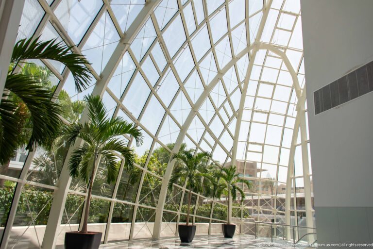 Curved glass atrium with white ribs, potted palm trees, and a polished floor.