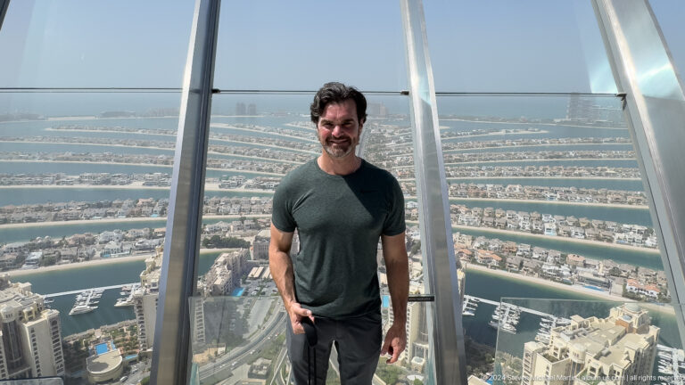 Smiling man in a dark green shirt with Palm Jumeirah's fronds behind him.