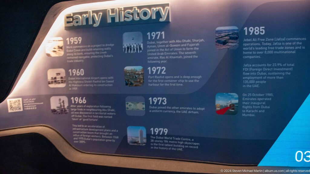 Curved history timeline with archival images and dates from 1959 through 1985.