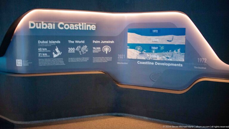 Illuminated Dubai Coastline infographic comparing Palm Jumeirah and other artificial islands.