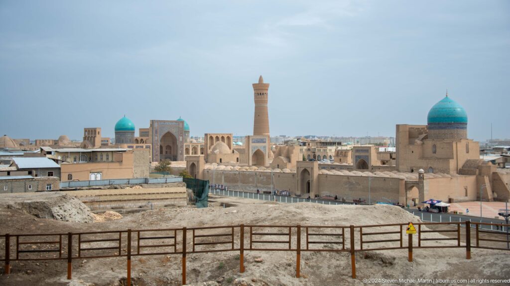 Panoramic view across Bukhara monuments.