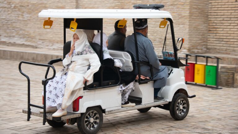Passengers riding in small electric cart.