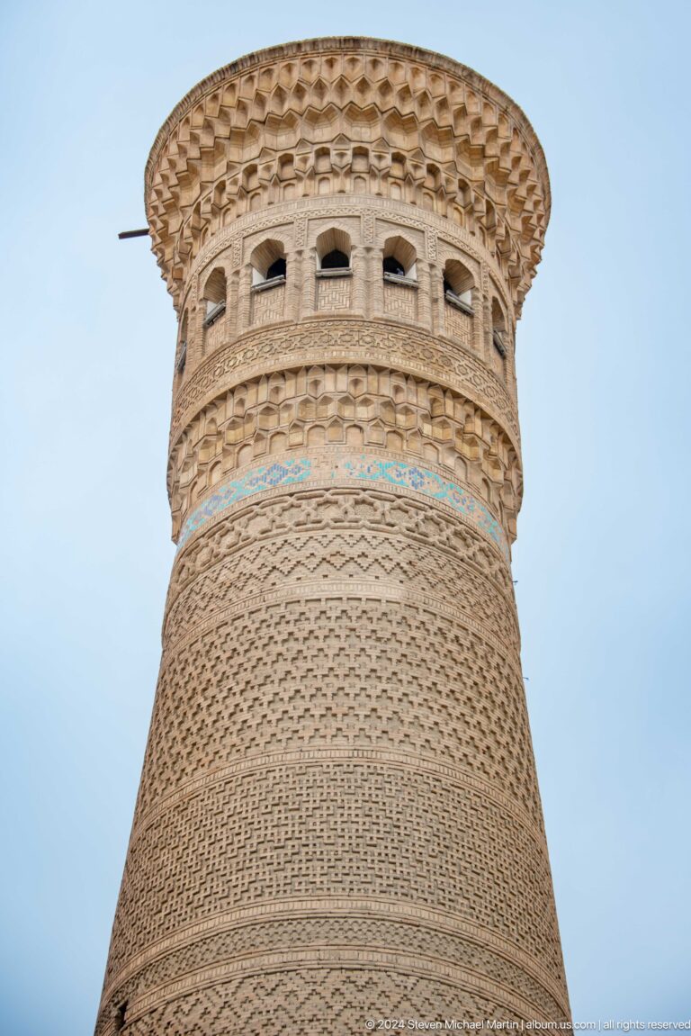 Close-up of carved brick bands on minaret.