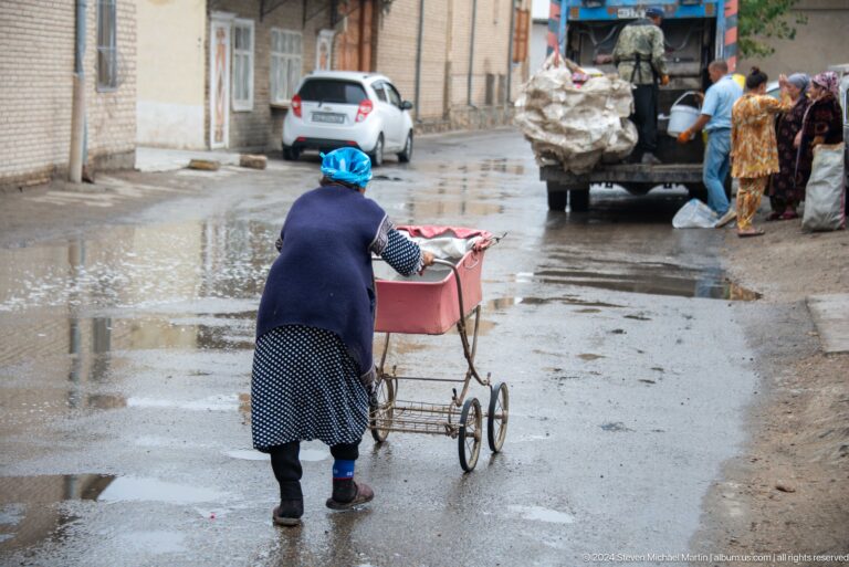 Woman pushing cart on wet market street.