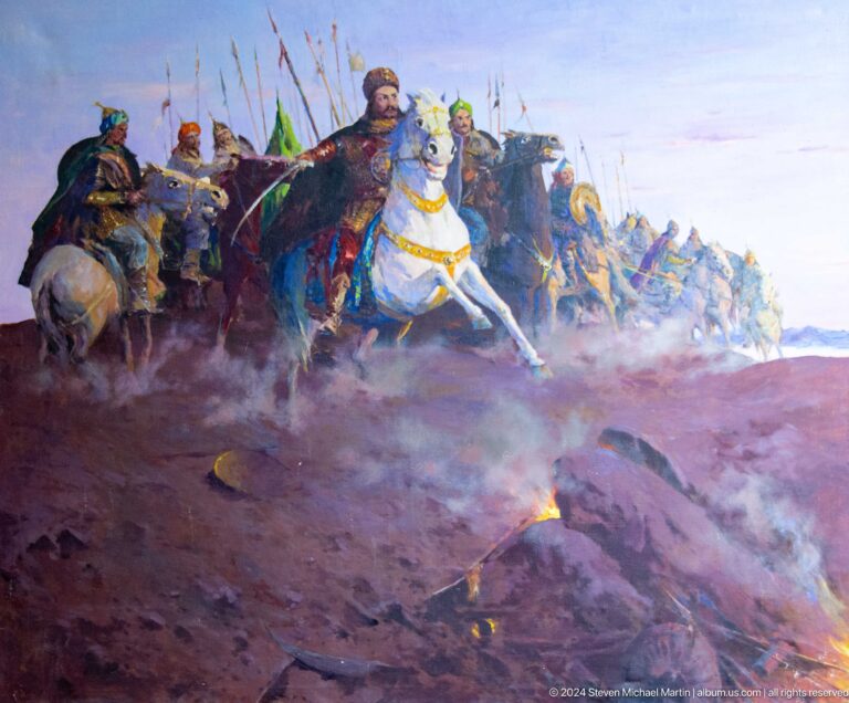 Painting of mounted warriors in a smoky battle.