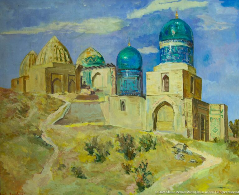 Painting of khiva monuments with green domes.