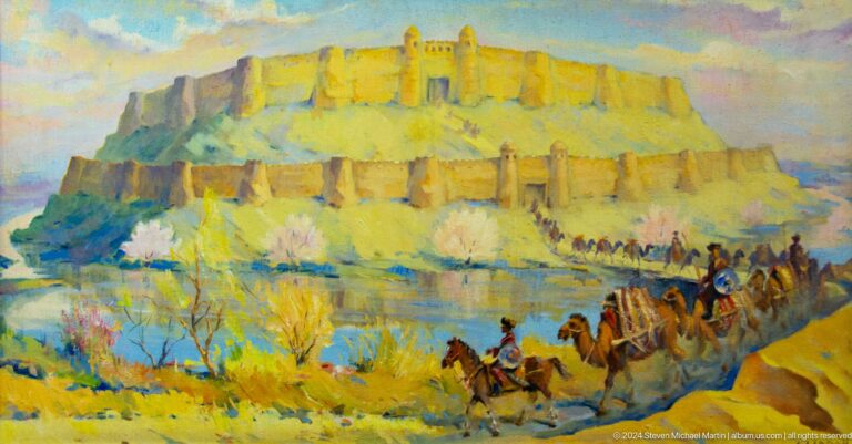Painting of camel caravan crossing a yellow landscape.
