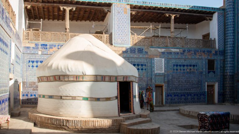 White felt yurt erected in palace courtyard.