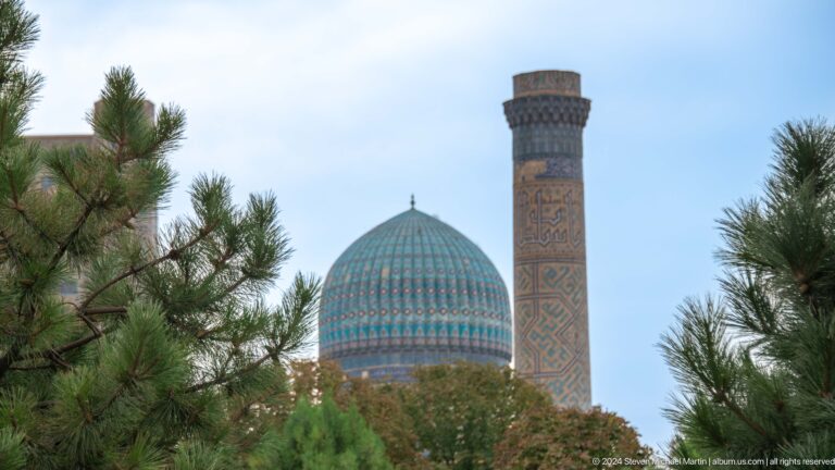 Turquoise mosque dome and decorated minaret rising behind pine branches under a pale sky.