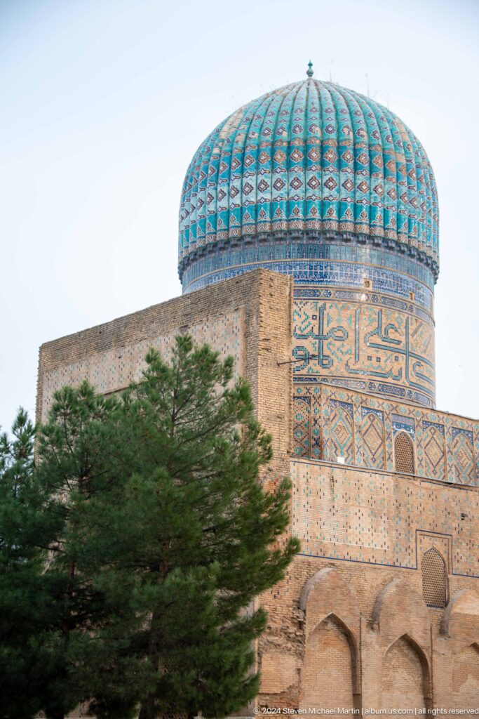 Decorated cylindrical mosque tower rising behind a plain brick wall and pine tree.
