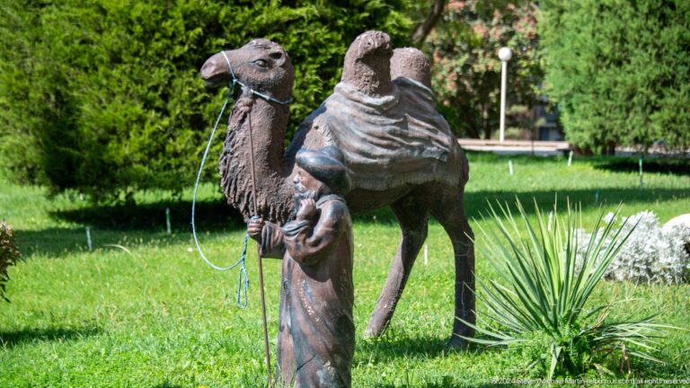 Life-size dark camel sculpture with reins standing on grass in a landscaped park.