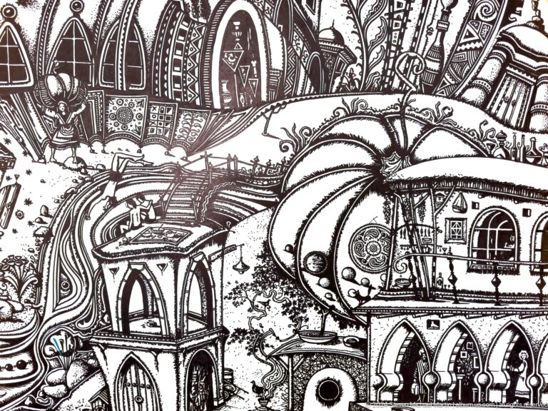 Black-and-white line drawing densely combining domes, arches, towers, and ornamental patterns.