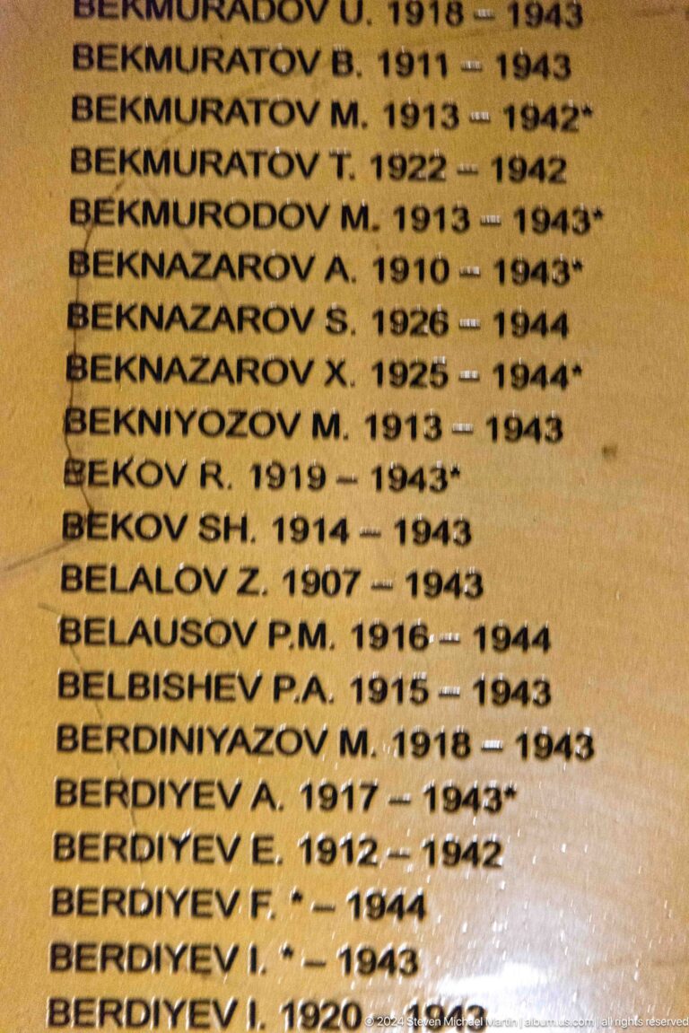 Close-up of surnames, initials, and dates printed on a gold-colored memorial panel.