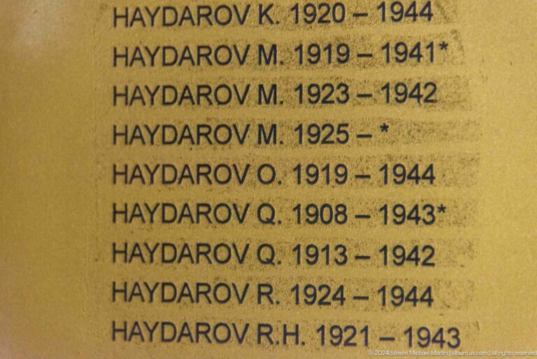 Close-up of repeated Haydarov entries with initials and dates on a golden memorial page.