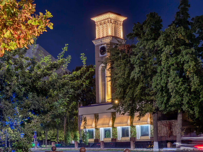 Illuminated clock tower rising behind dense trees and a low building at night.