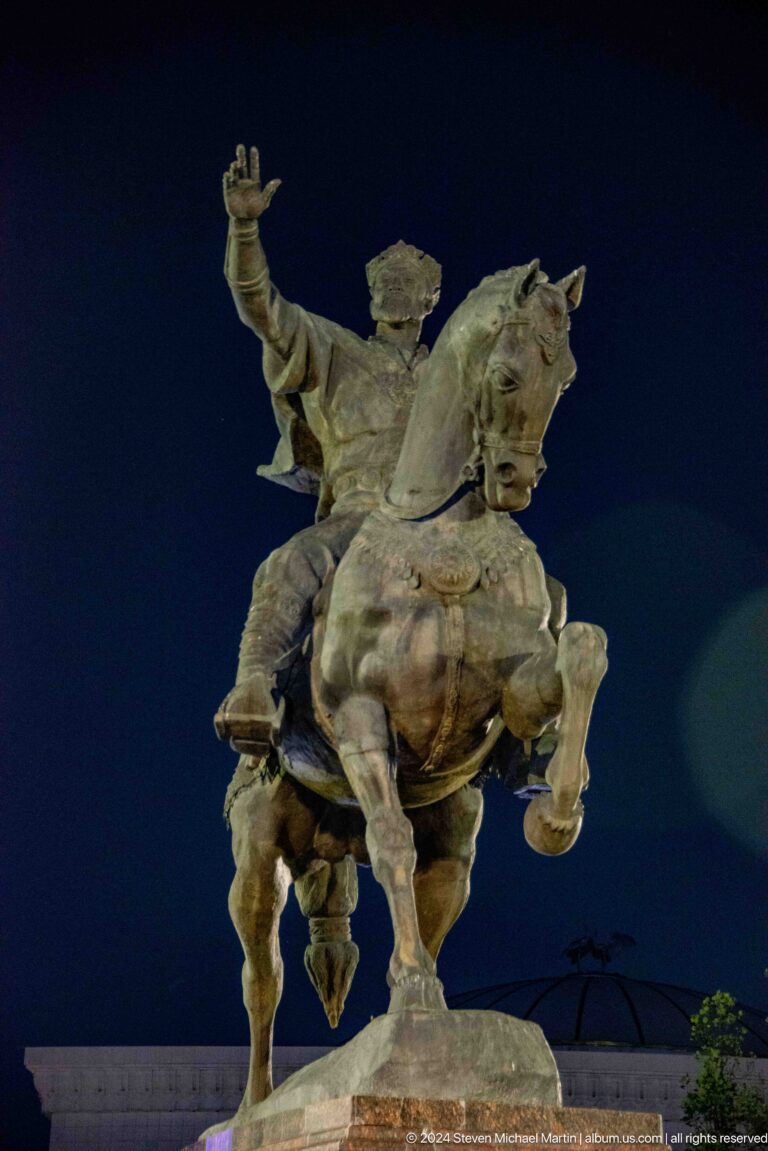 Close frontal detail of the rearing horse in the bronze Amir Timur Monument.