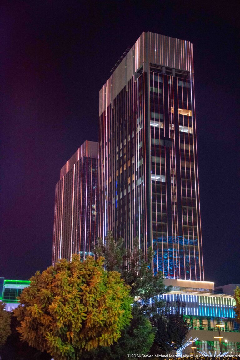 Low-angle night view of two dark high-rise towers edged with narrow red vertical lights.