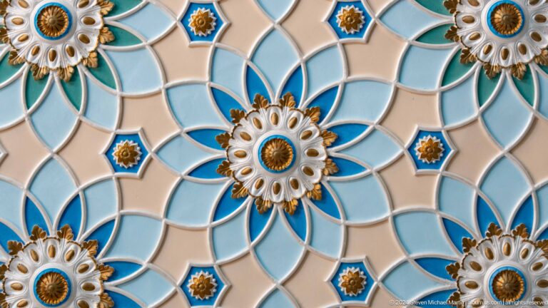 Single layered white and turquoise flower surrounded by pale pink petals at the Khast Imom complex in Tashkent.