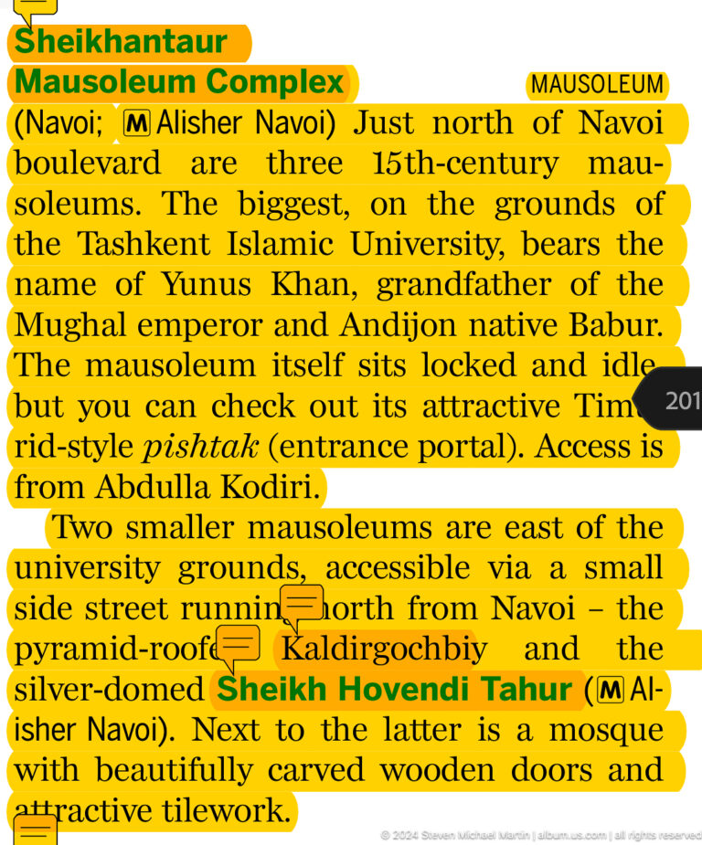 Highlighted English guidebook text about mausoleums near Tashkent's Islamic University grounds.