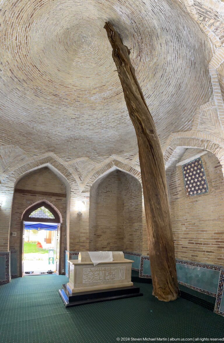 Ancient tree trunk rising through a brick mausoleum interior with pointed niches and screened windows.