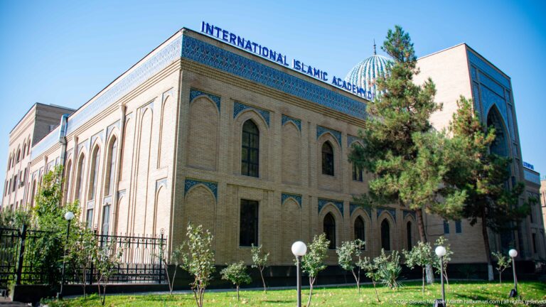 Brick International Islamic Academy building with arched windows, landscaped lawn, and rooftop sign.