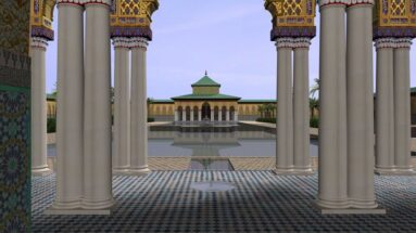 Digital reconstruction of Badii Palace with tiled courtyard, tall decorated columns, reflecting water, and a green-roofed pavilion.