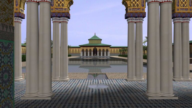 Digital reconstruction of Badii Palace with tiled courtyard, tall decorated columns, reflecting water, and a green-roofed pavilion.
