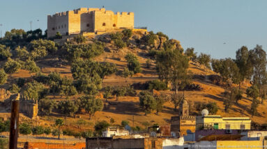 Crenellated fortification on a wooded hill above Fes, lit by warm late-day light.