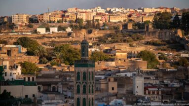 Tall green-tiled minaret rising above dense Fes medina rooftops, palms, and a sunlit hillside district.