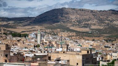 Panoramic view over Fes rooftops and minarets toward a broad dry mountain ridge.