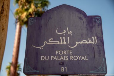 Purple sign reading Porte du Palais Royal in Arabic and French, marked B1, with palm trees behind.