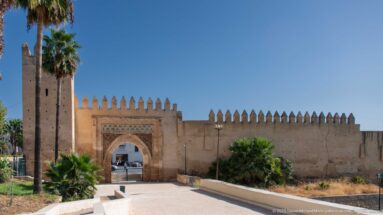 Pointed gateway in a crenellated palace wall with tall square tower, palm trees, and landscaped approach in Fes.