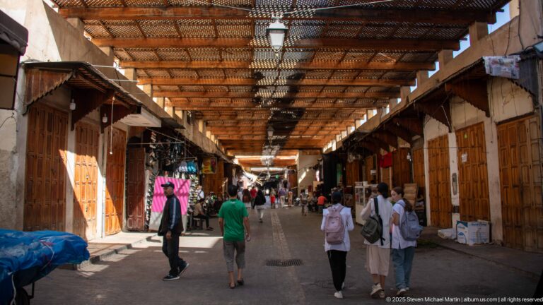 Covered Fes souk with timber shade roof, wooden shopfronts, hanging goods, lanterns, and pedestrians walking through the lane.