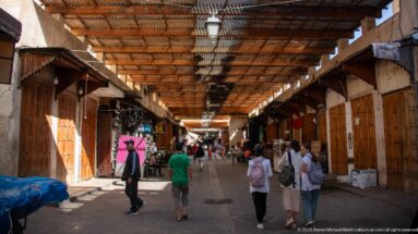 Covered Fes souk with timber shade roof, wooden shopfronts, hanging goods, lanterns, and pedestrians walking through the lane.