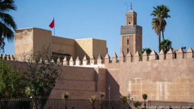 Crenellated earthen wall in Fes with palms and a tall square minaret decorated near its upper section.