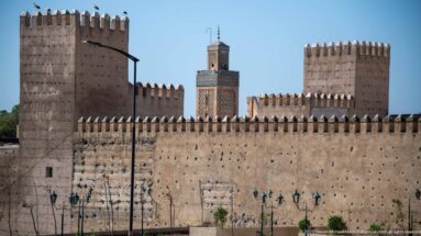 Large earthen fortified wall with square towers, pointed merlons, and a decorated tower rising behind the defenses.