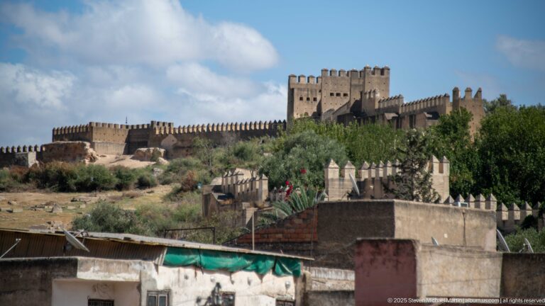 Hilltop fortress with square keep, long crenellated walls, trees, and urban rooftops in the foreground.