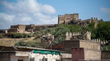 Hilltop fortress with square keep, long crenellated walls, trees, and urban rooftops in the foreground.